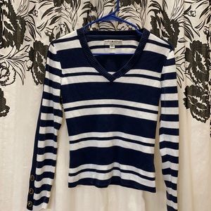 Tommy Hilfiger navy blue & white long sleeve w clasp button and stripes - v neck